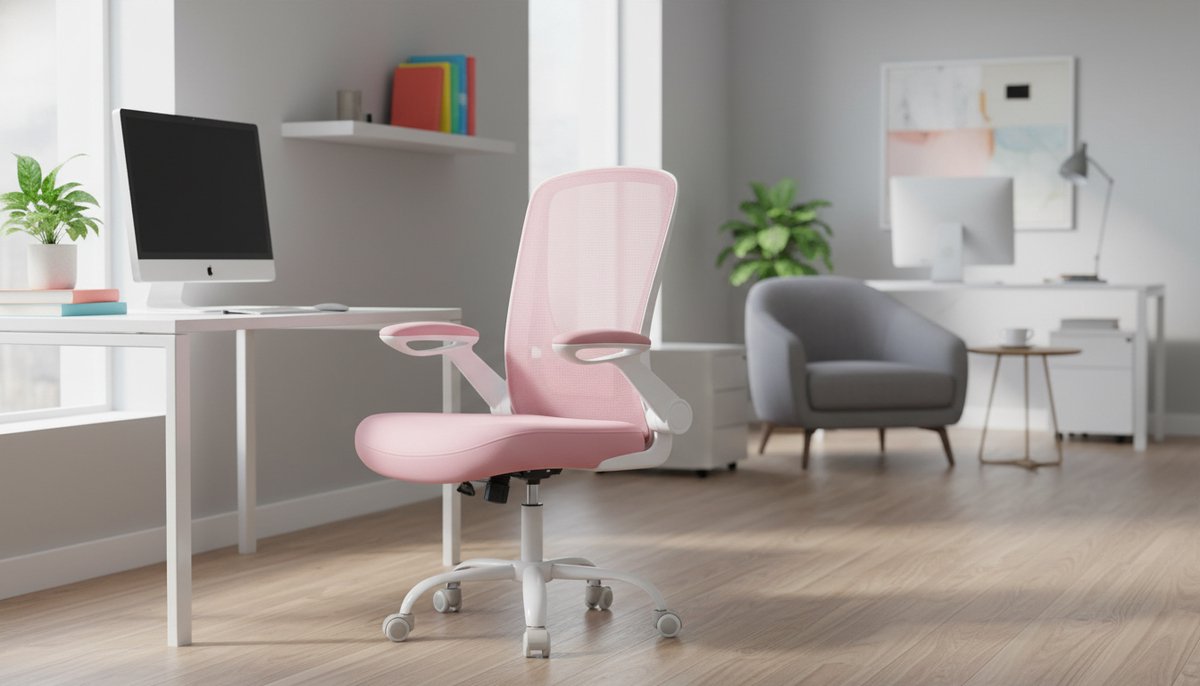 Bureaustoel Casa Velluto ComfortPro – Ergonomische Canvas Fauteuil met Gewatteerde Lendensteun, Schommelmechanisme, 53 cm Zitting, Inklapbare Armleuningen – Candy Roze – Thuis, Studeren, Werk, Gaming