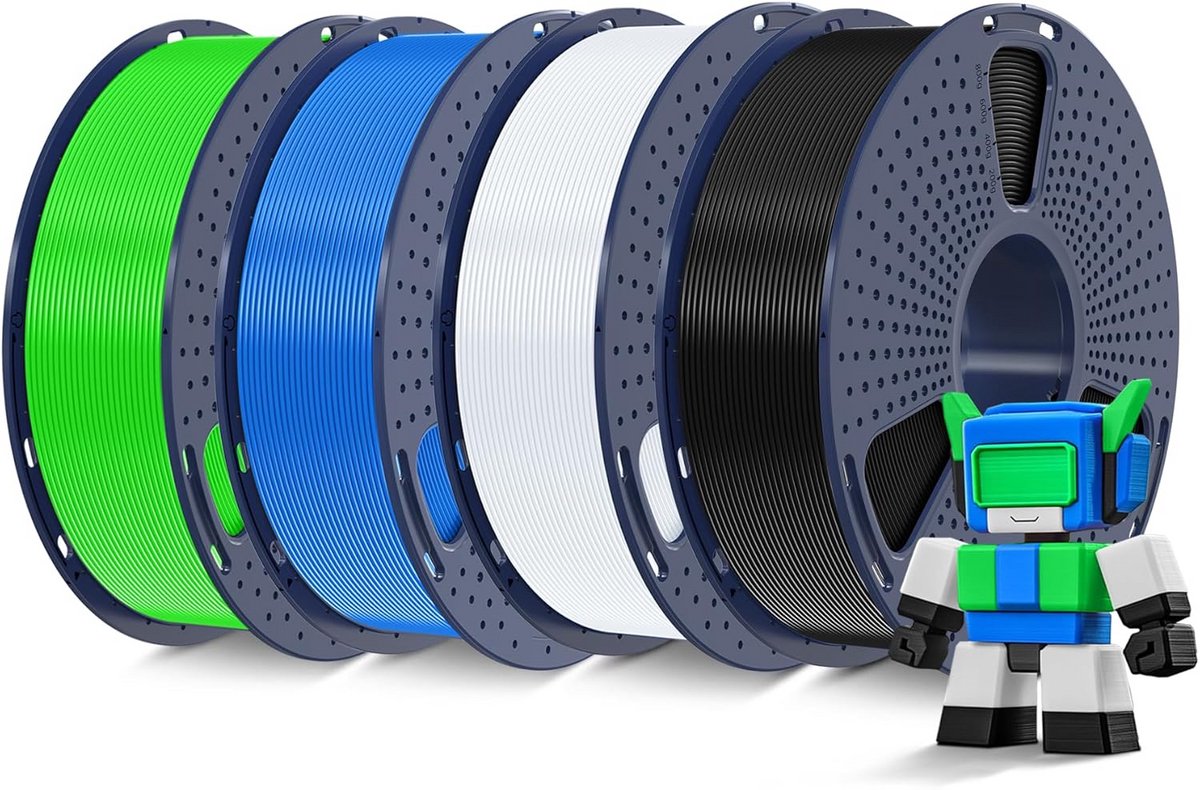 Hoge Snelheid PLA-filament 1,75 mm voor 3D-printers – 4-pack in Zwart, Wit, Blauw en Groen