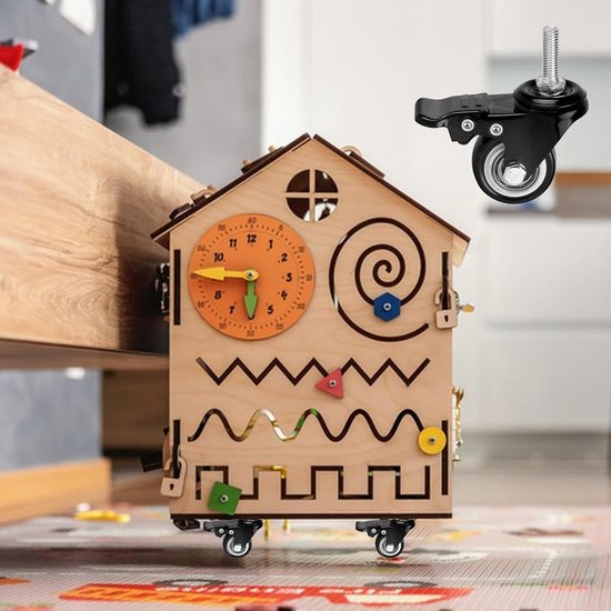Zwart meubelwiel met rem, gemonteerd onder een houten activiteitenhuisje.