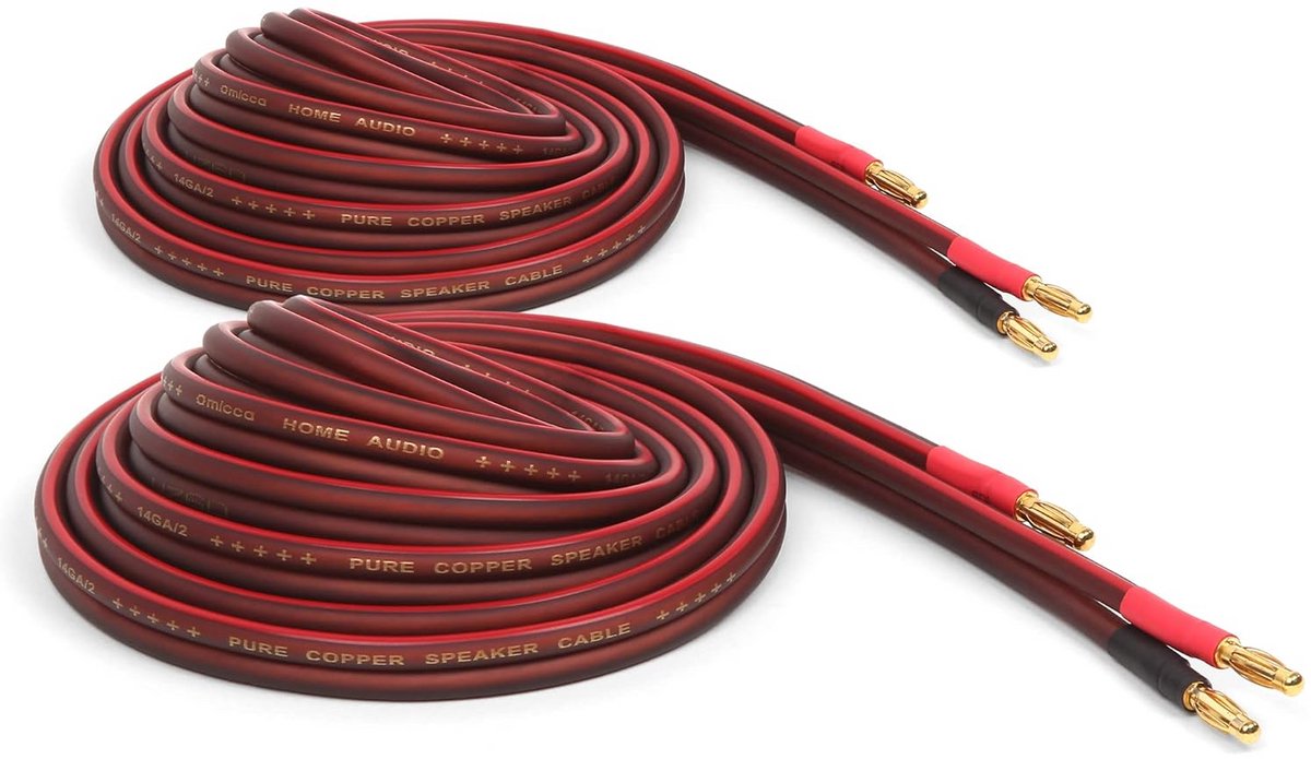 Koperen luidsprekerdraden met vergulde banaanstekkers – 14AWG, 6 voet (2 meter), paar
