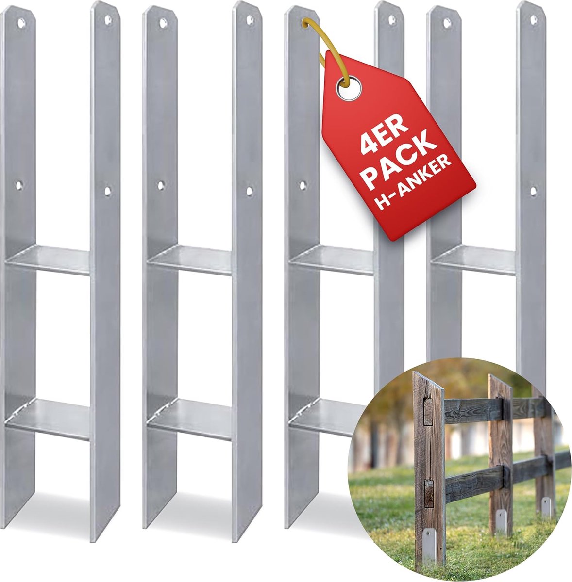 H-anker paalanker set van 4, 600 x 121 x 6 mm voor palen 12 x 12 cm