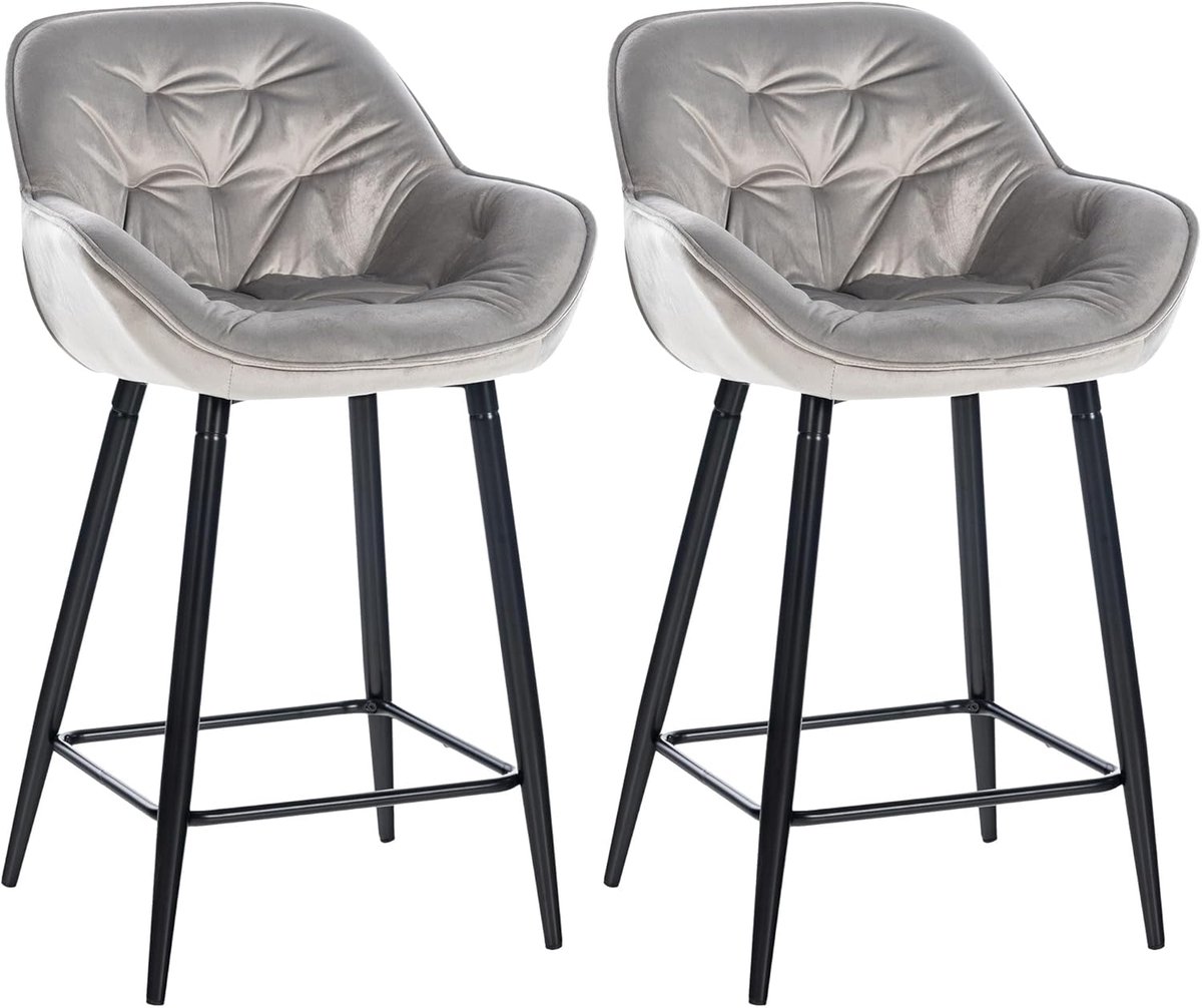 Set van 2 Velvet Barkrukken met Armleuning en Rugleuning - Grijs - Comfortabel en Stijlvol