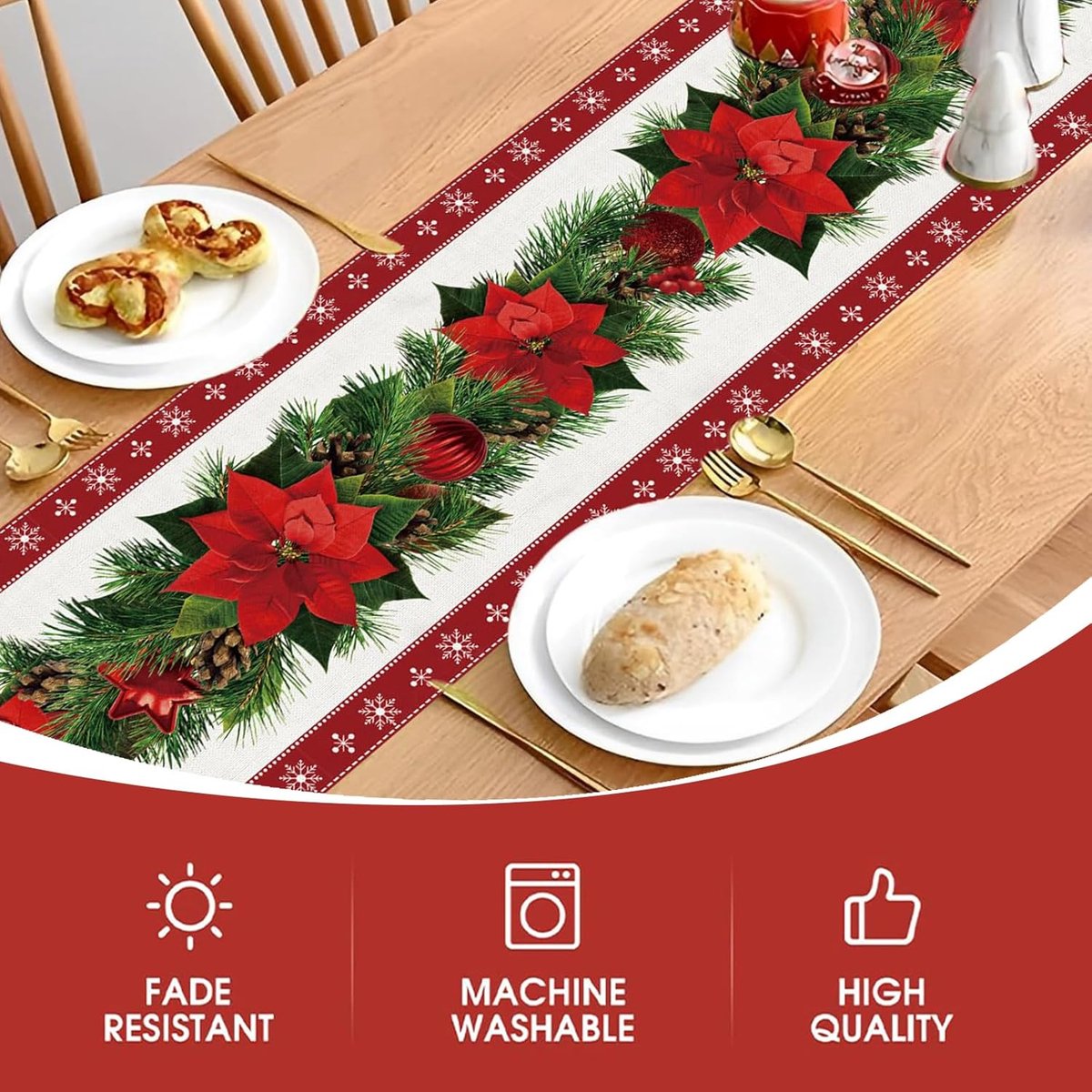 Tafelloper met kerststerren en sneeuwvlokken - 33 x 183 cm - Winterse Decoratie