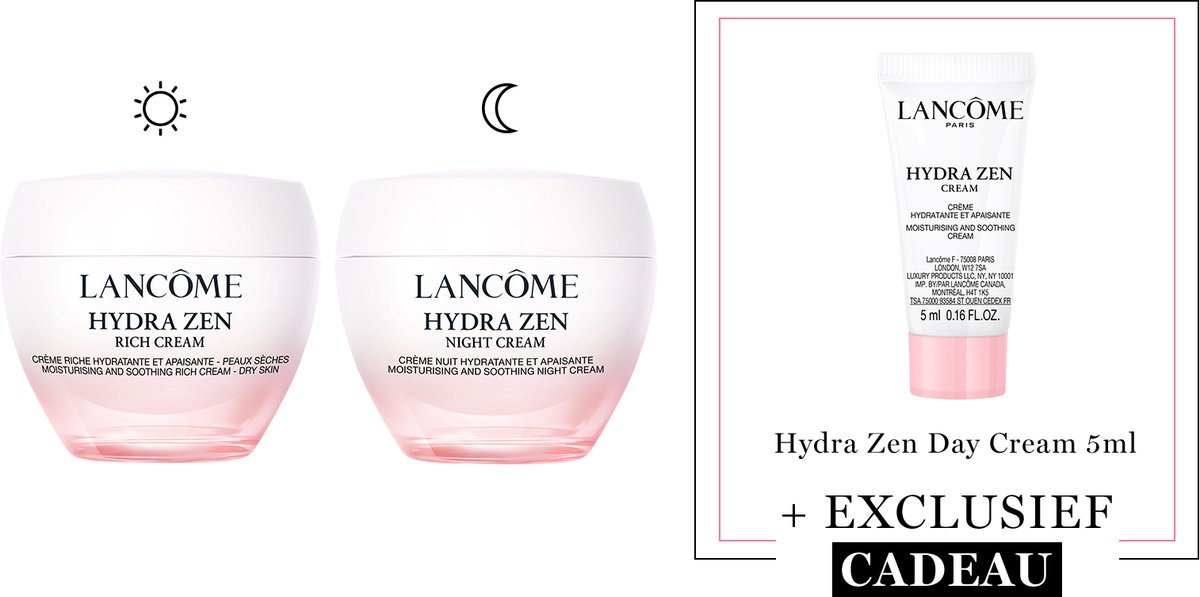 Lancôme Hydra Zen 2-Step Hydraterende Moisturizer Skincare Routine: Dagcreme | Nachtcreme + Cadeau - Hydra Zen Rich Cream Dagcreme 50ml & Hydra Zen Nachtcreme 50ml + Hydra Zen Dagcreme 5ml Cadeau