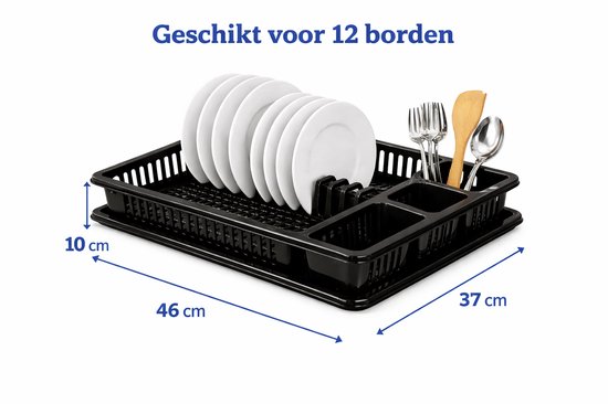 Michelino Afdruiprek - Tot 12 borden - Met lekbak - Kunststof - Zwart - 47 x 37 x 10 cm