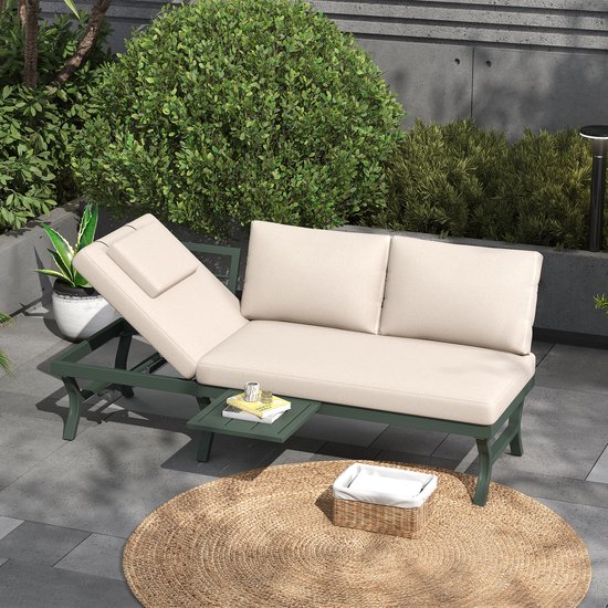 OKWISH Tuinbank 3-Zits - Verstelbare Rugleuning En Ligfunctie - Met Zijtafel - Voor Tuin En Balkon - Staal - Groen
