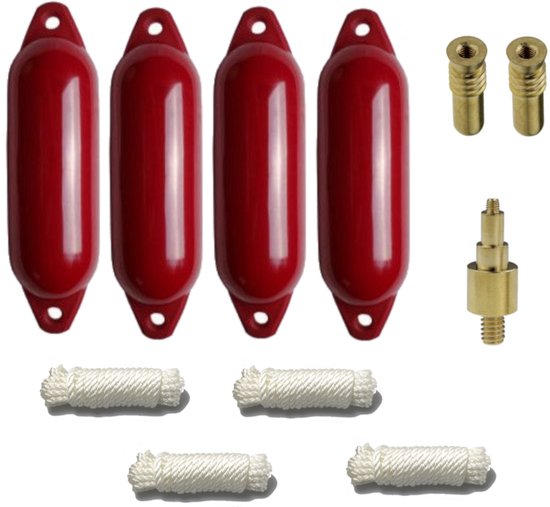 Set van 4 bordeauxrode stootwillen, 58 x 15 cm, met touwen en messing ventielen.