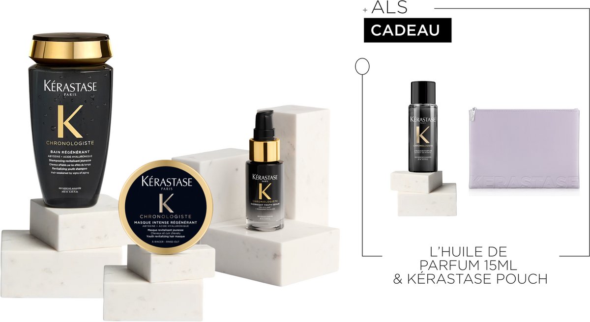 Kérastase Chronologiste Trio - Regenererende Routine voor Haar Verzwakt door Tekenen van Veroudering – Bain Régénérant 250ml, Masque Intense Régénérant 75ml, Overnight Youth Serum 30ml + Chronologiste L'Huile de Parfum 15ml & Kérastase Pouch Cadeau