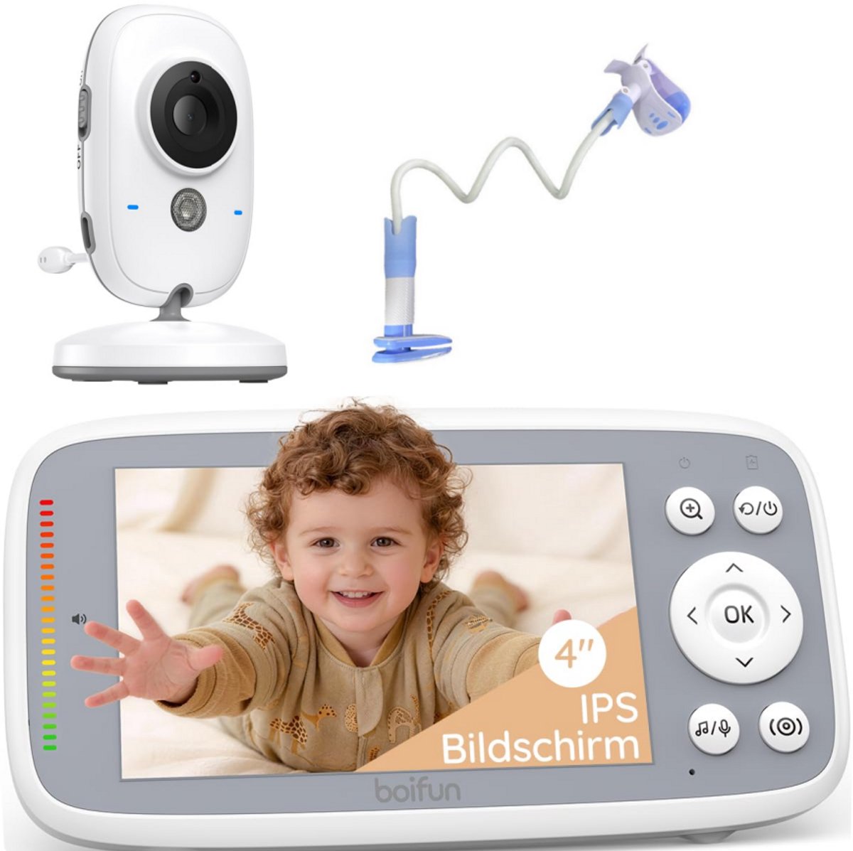 BOIFUN Babyfoon - Babyfoon met Camera HD - Babyfoon Houder - Nachtzicht - 4 Inch Scherm - 10 uur Batterijduur - Baby Monitor - Beeld Babyfoon