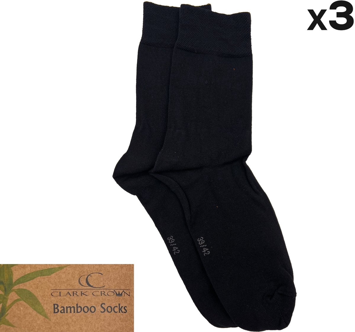 Clark Crown® Bamboe sokken - Normale Schachtlengte – 3 paar – Maat 39/42 - zwart