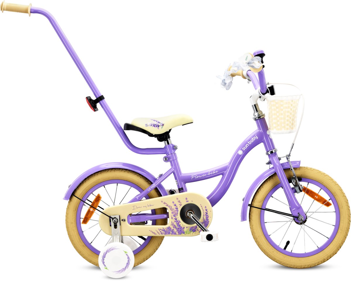 Flower Bike Fiets voor een meisje van 3 tot 5 jaar, 14 inch Lavendel, met fietsbel, zijwieltjes, duwstang en stuurmandje