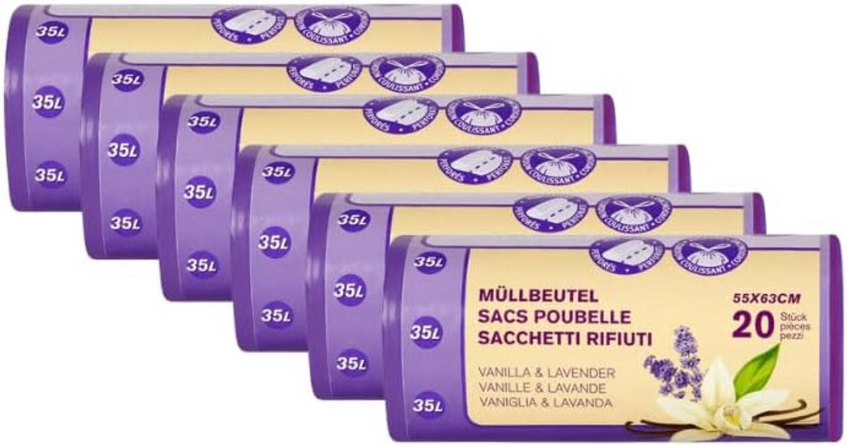 Multifunctionele scheurvaste vuilniszakken met trekkoord - 35 liter, 6 rollen x 20 zakken
