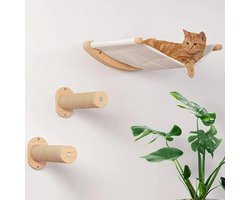 Flolife - Klimwand voor Katten Set van 3 – Kattenladder & Catwalk voor aan de Muur – Sisal Krabwand met Kattenhangmat – Natuurlijk Hout – Voor Middelgrote en Grote Katten