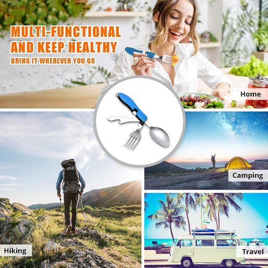 Opvouwbaar bestek - reisbestek - 3-in-1 mes, vork en lepel - kampeerbestek - kampeeraccessoires - geschikt voor thuis, kamperen, picknicks en wandelen - blauw - 18 cm - afmetingen opgevouwen: 10,1 x 2,2 x 1,1 cm — afbeelding 3