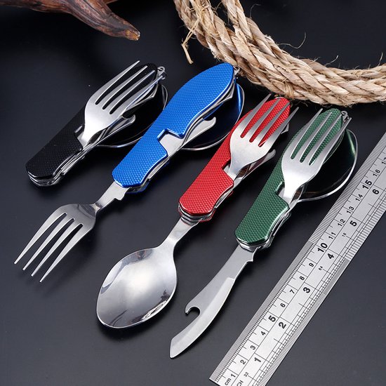 Opvouwbaar bestek - reisbestek - 3-in-1 mes, vork en lepel - kampeerbestek - kampeeraccessoires - geschikt voor thuis, kamperen, picknicks en wandelen - blauw - 18 cm - afmetingen opgevouwen: 10,1 x 2,2 x 1,1 cm — afbeelding 2