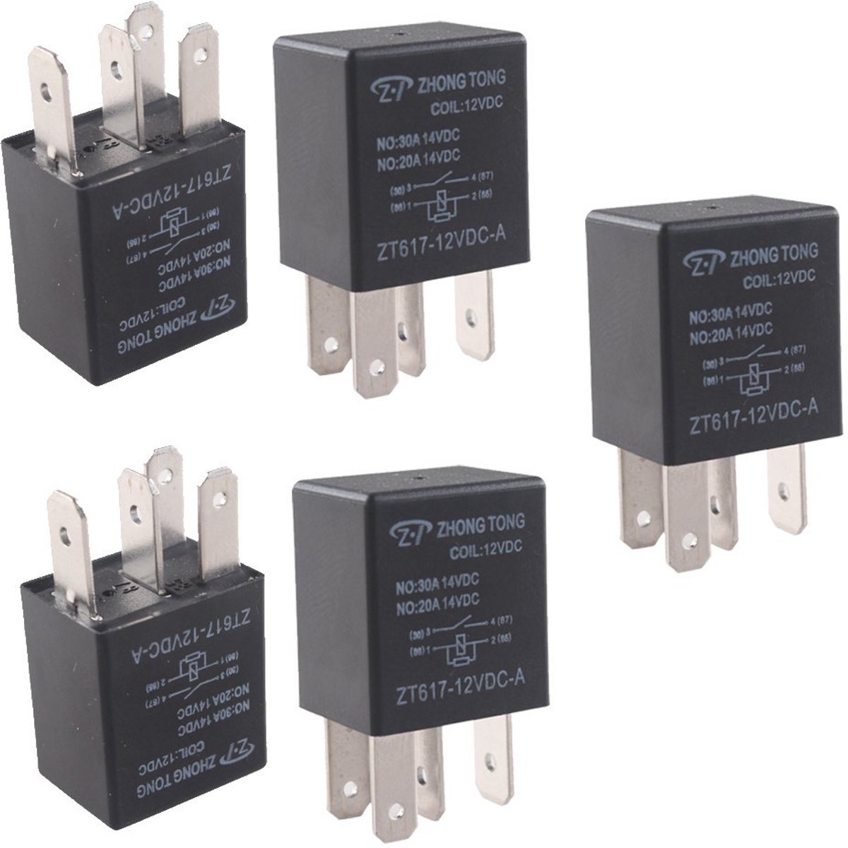 5 x 12V 30A 4-polig SPST Auto Relais - Vermogensrelais voor Motoren en Apparaten