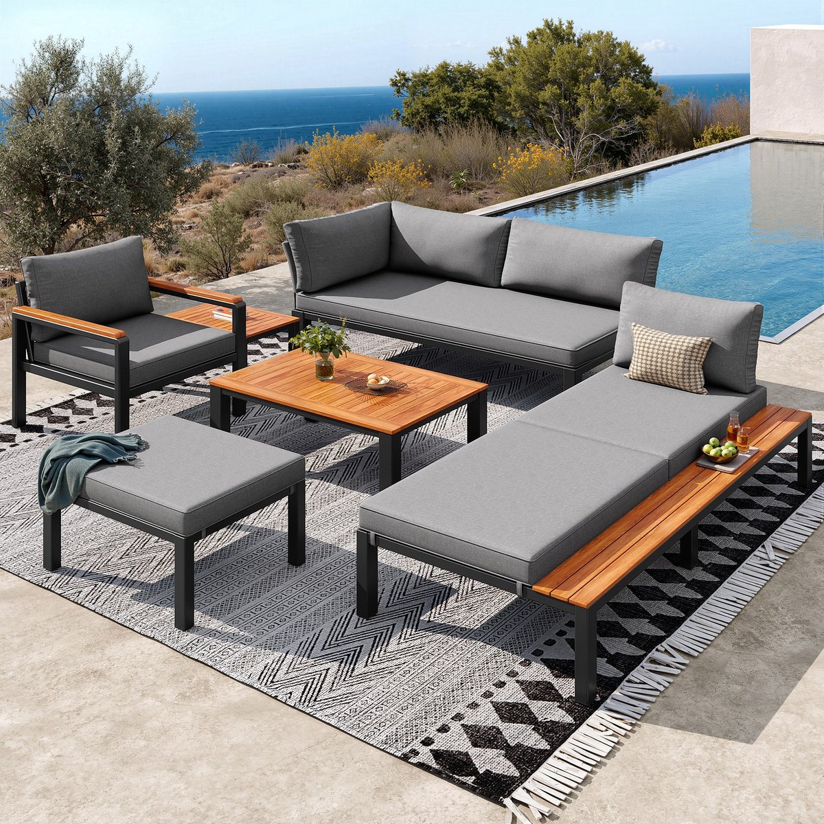 Sweiko Tuin loungeset - Modulaire zitmeubelen - Metalen frame - 2 salontafel - Fauteuil - Chaise longue - Grijs