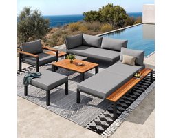 Sweiko Tuin loungeset – Modulaire zitmeubelen – Metalen frame – 2 salontafel – Fauteuil – Chaise longue – Grijs