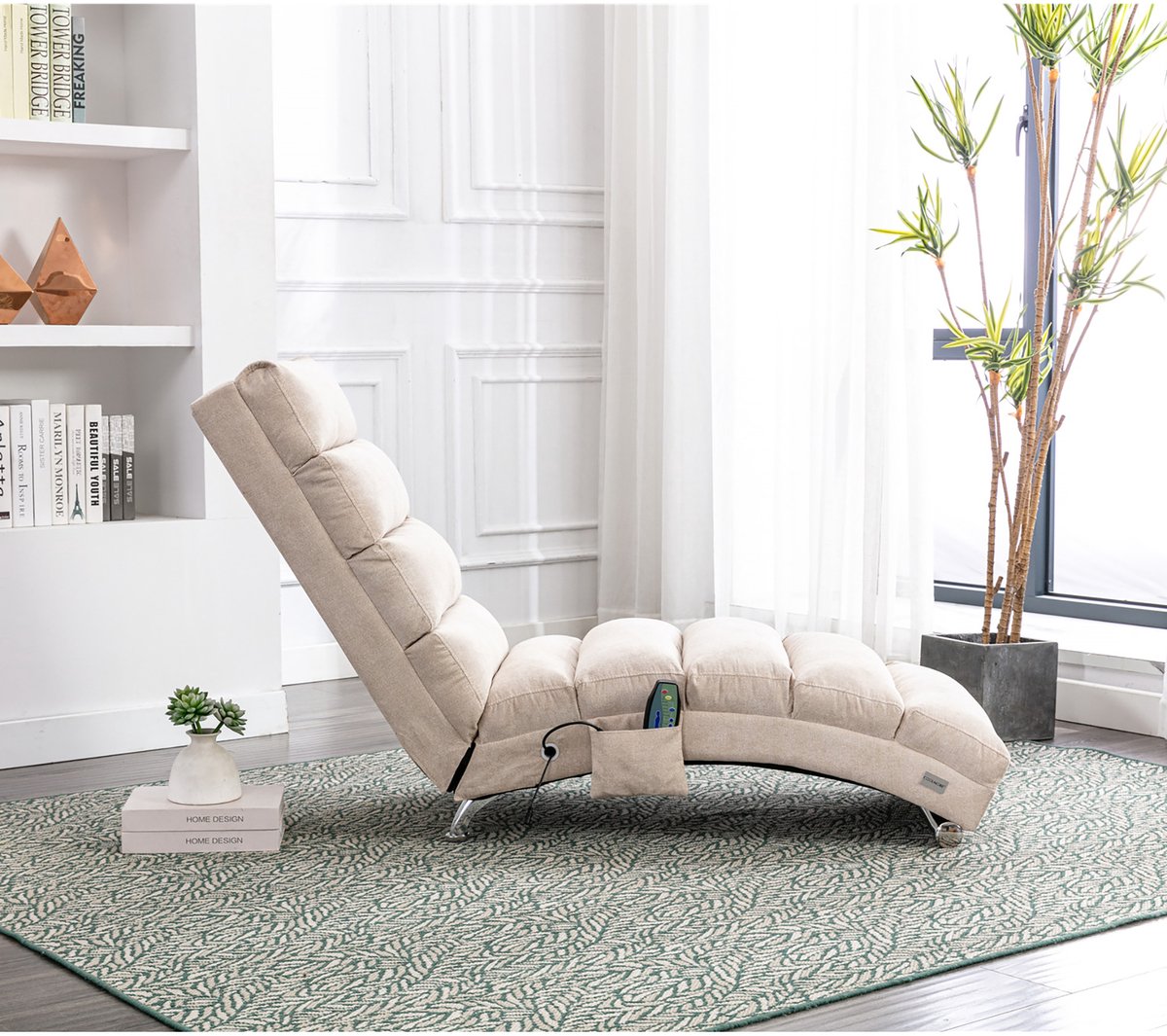Zubaliya 1 Stuks Relaxfauteuil Met Vibratiefunctie - 148 cm Lang - Beige Linnen - Opbergvak - 250 kg Draagvermogen - Eenvoudig Te Monteren