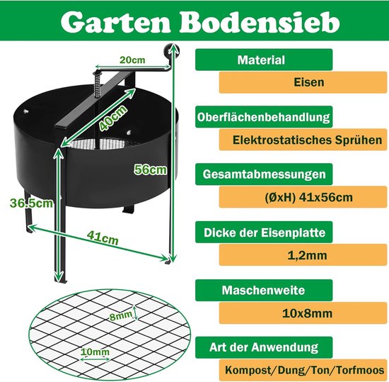 Handmatig draaibare bodemzeef Ø41cm Tuincompostzeefset met handvat & gaaszeefpan Metalen tuinzeef Fijnmazige zeef Handmatige zeef voor aarde, stenen, zand en vuil NAIZY van Merkloos	 — afbeelding 2