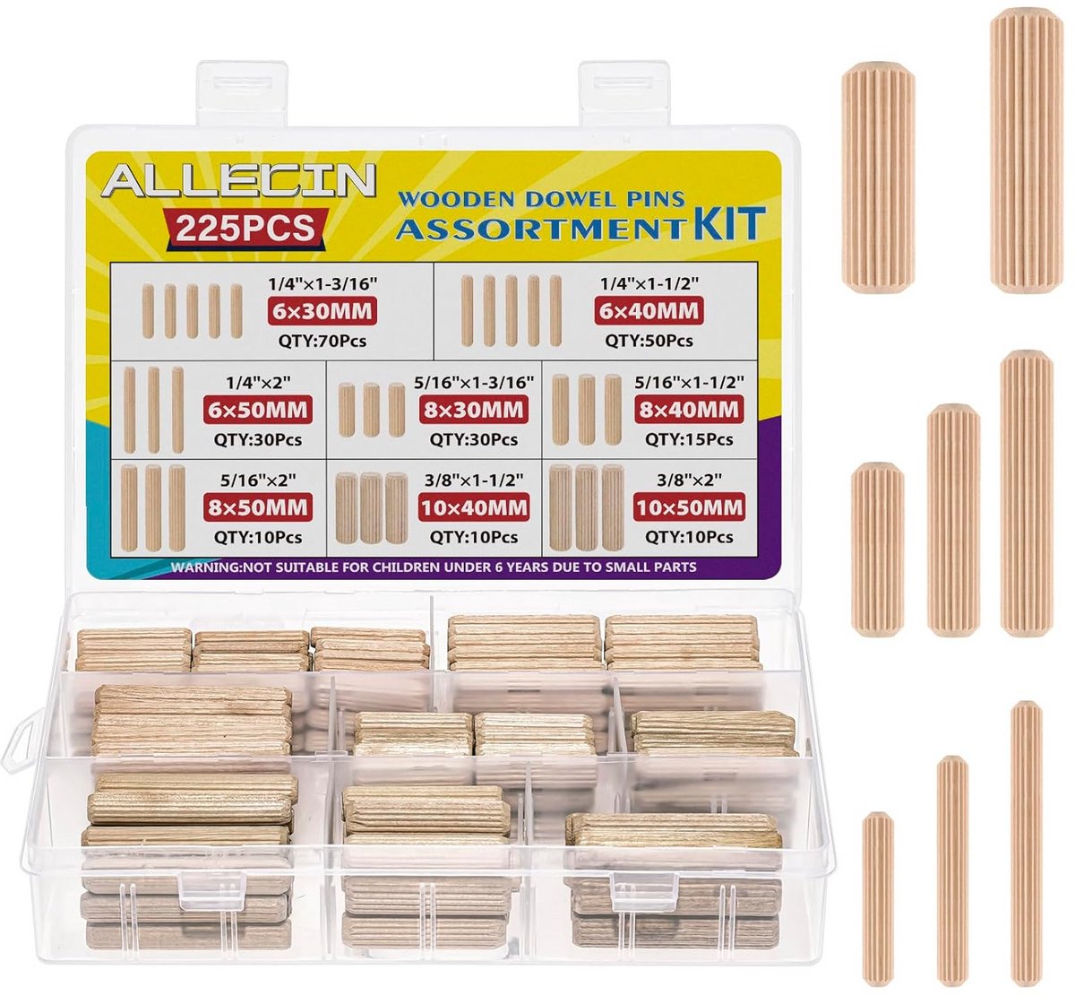 Set van 225 Houten Deuvels 8MM, 6MM, 10MM voor Houtbewerking en DIY-projecten