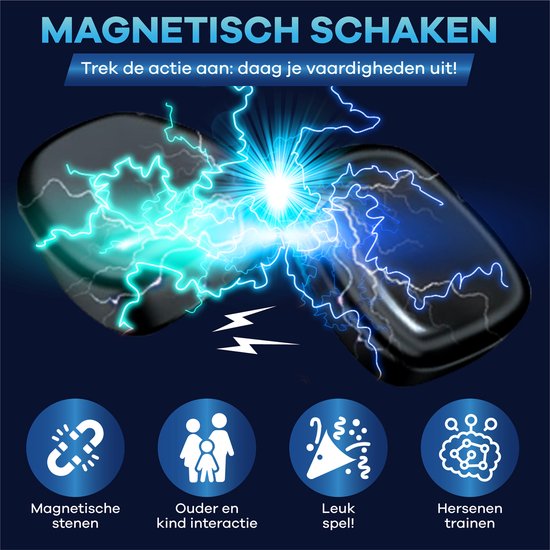 Twee glimmende zwarte magneten met blauwe bliksem, onderaan icons voor 'Magnetische stenen', 'Ouder en kind interactie', 'Leuk spel!' en 'Hersenen trainen'.