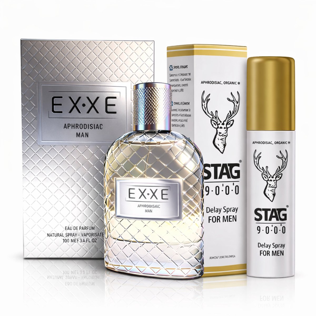 EXXE Aphrodisiac Man Parfum 100 ml + STAG 9000 Spray – Verleidelijke Herengeur om je Partner te Betoveren & Controle Spray voor Lange en Onvergetelijke Nachten