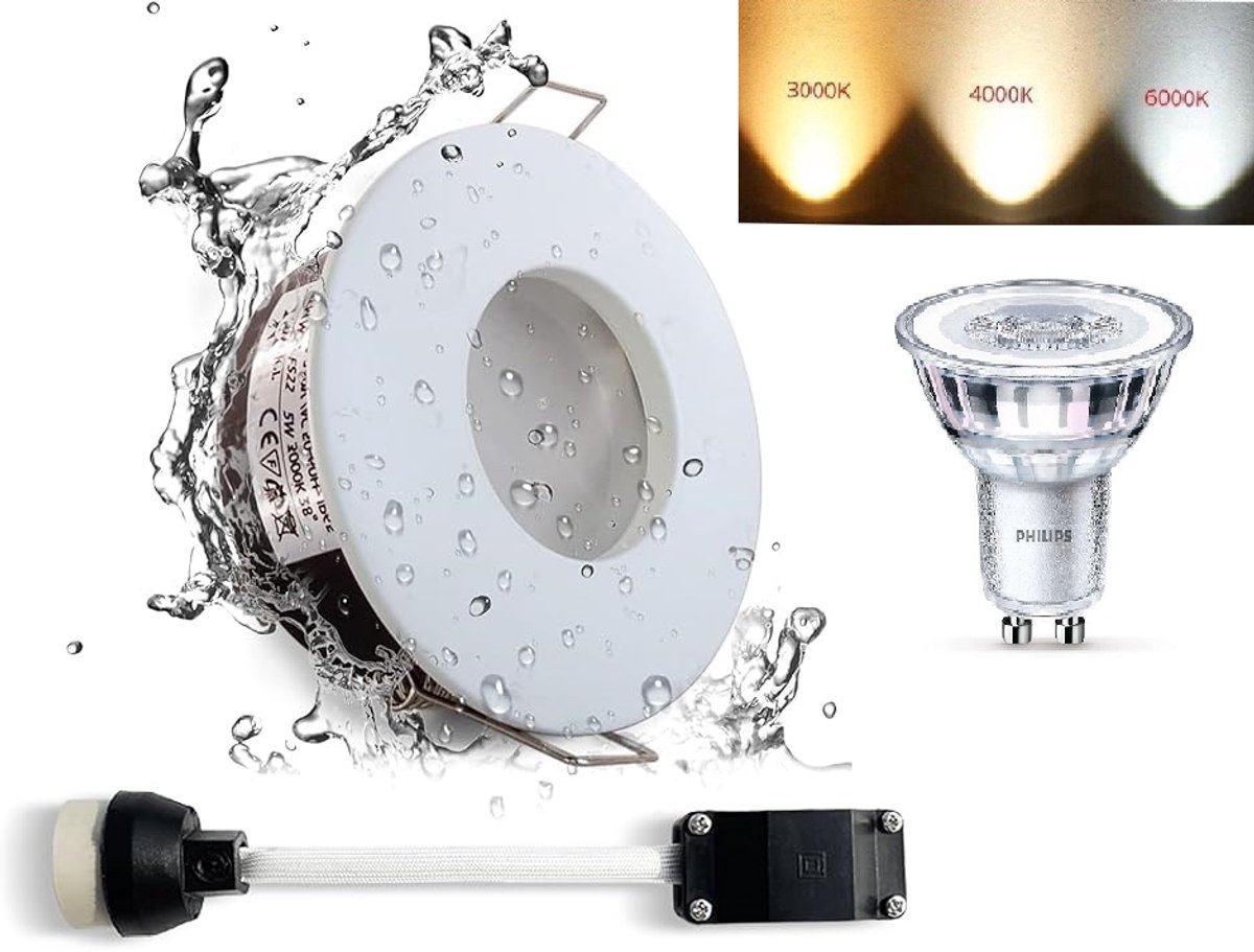 Badkamerspot LED Inbouwspot – Set van 1 – Wit – Philips GU10 Dimbaar – 4000K Warm Wit – IP65 - Sparing Ø75 mm - Buitenmaat Ø82 mm.