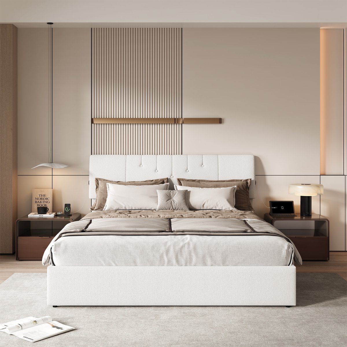 SHOPENTRA Opbergbed met Gaslift 140x200 - Crème/Wit Teddy Stof - afbeelding 3