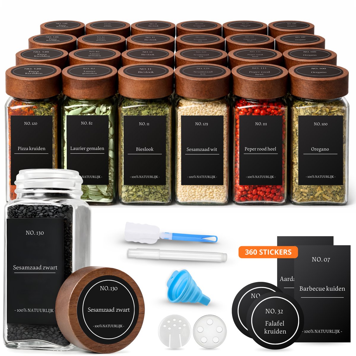 Five Stars® 24-delige Glazen Kruidenpotjes Vierkant met Acacia Deksel – 2 Soorten Strooideksels – Kruidenstrooier – Spice Jars – Complete Set incl Stickers, Krijtstift, Vultrechter en Accessoires – 120ml