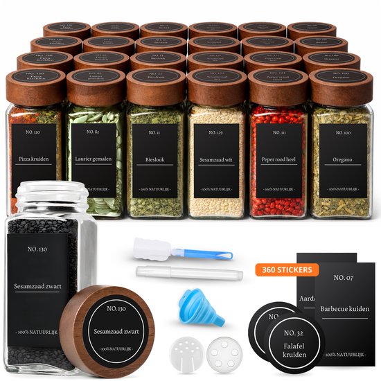 Five Stars® Pots à Épices en Verre Carrés 24 Pièces avec Couvercle en Acacia – 2 Types de Couvercles – Saupoudreur d'Épices – Pots à Épices – Ensemble Complet incl Stickers, Marqueur Craie, Entonnoir de Remplissage et Accessoires – 120ml
