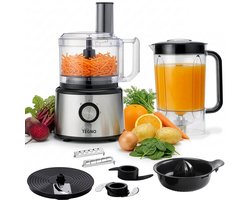 Linea Tegno Food Processor PRO-FP8001 - 5-in-1 RVS keukenmachine: blender, hakmolen, groentesnijder, citruspers en mixer in één. Voor groenten, fruit, noten, soepen, deegsoorten. 2,3L kom - Sinaasappels persen. 2,7L blender voor smoothies & shakes