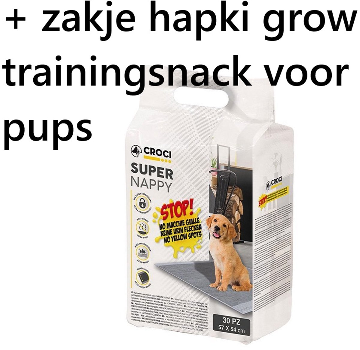 Croci - ppads puppytrainingsdoeken - zindelijkheidstraining - sterk absorberend met geactiveerde carbon - 57 x 54 cm - 30 stuks - odor-stop - no leak - * + * zakje hapki grow puppysnacks -beloningssnacks...
