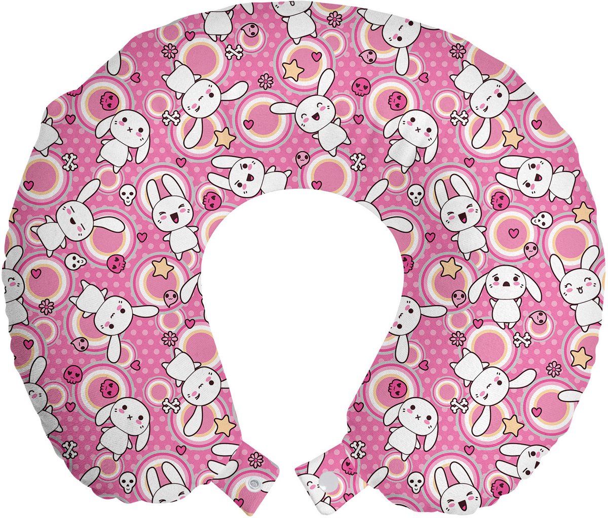 ABAKUHAUS Anime Reiskussen met Neksteun, Konijn, Kinderhumor, Schuimrubberen Reisaccessoire voor Vliegtuig en Auto, 30x30 cm, Wit Roze