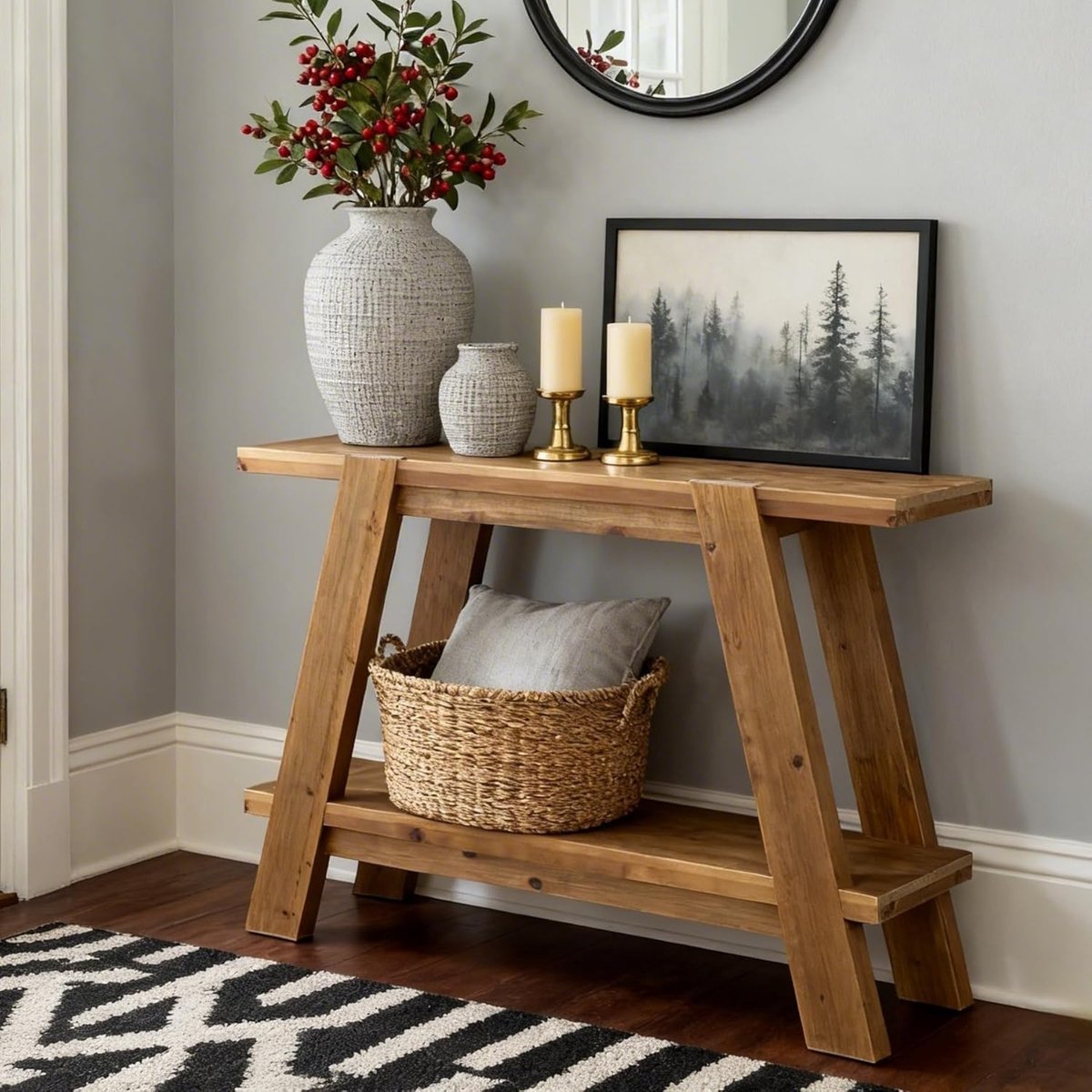 Little Trees Massief Hout Console Tafel Little Tree - 110cm Landelijk - 2-Laags Opbergruimte - Smalle Sidetable voor Hal, Gang & Woonkamer - Bruin