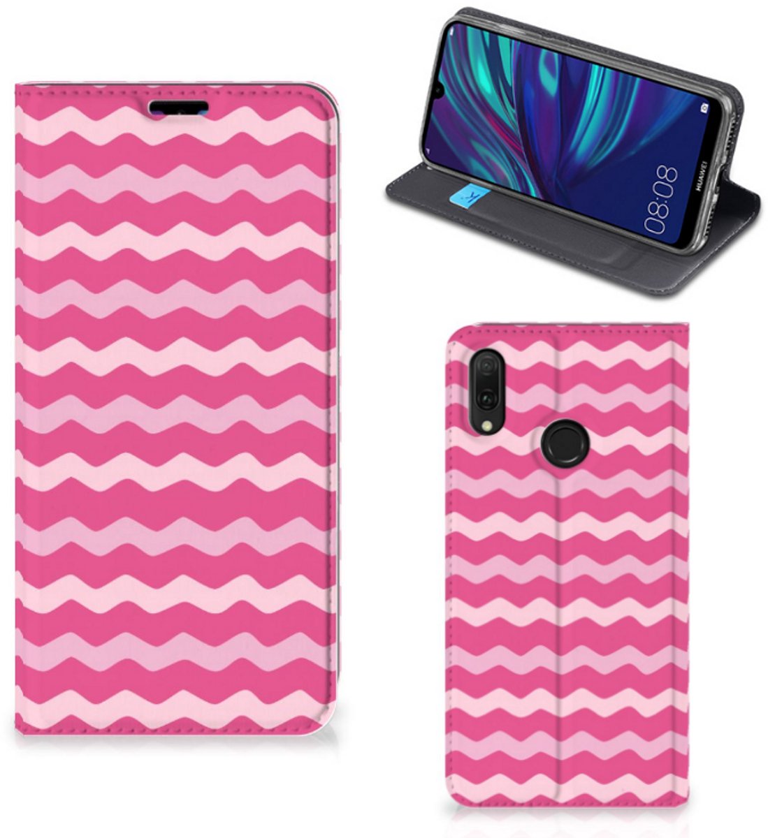 Huawei Y7 hoesje Y7 Pro (2019) Hoesje met Magneet Waves Pink