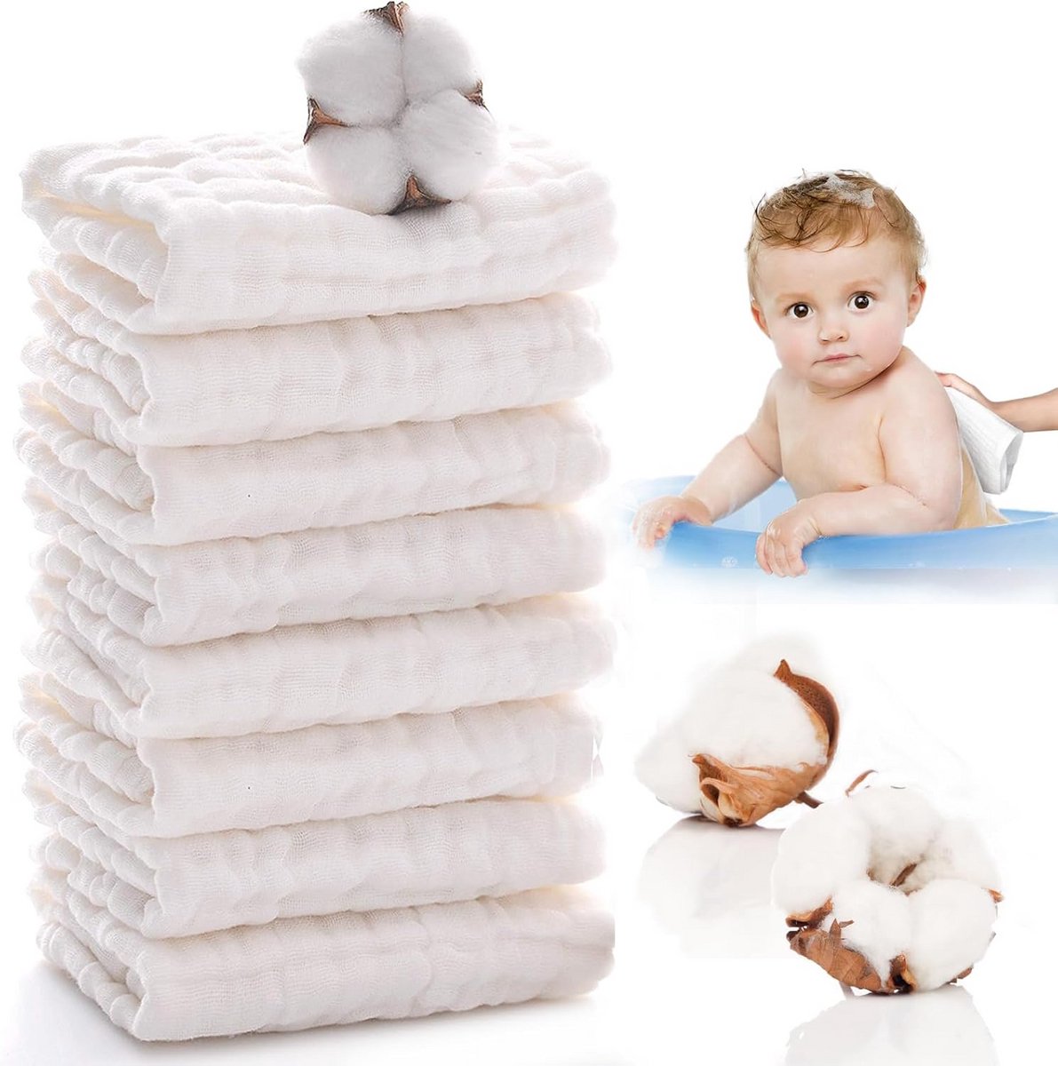 Zachte Muslin Wasdoeken van Biologisch Katoen voor Baby's - 8 Stuks - 25 x 25 cm