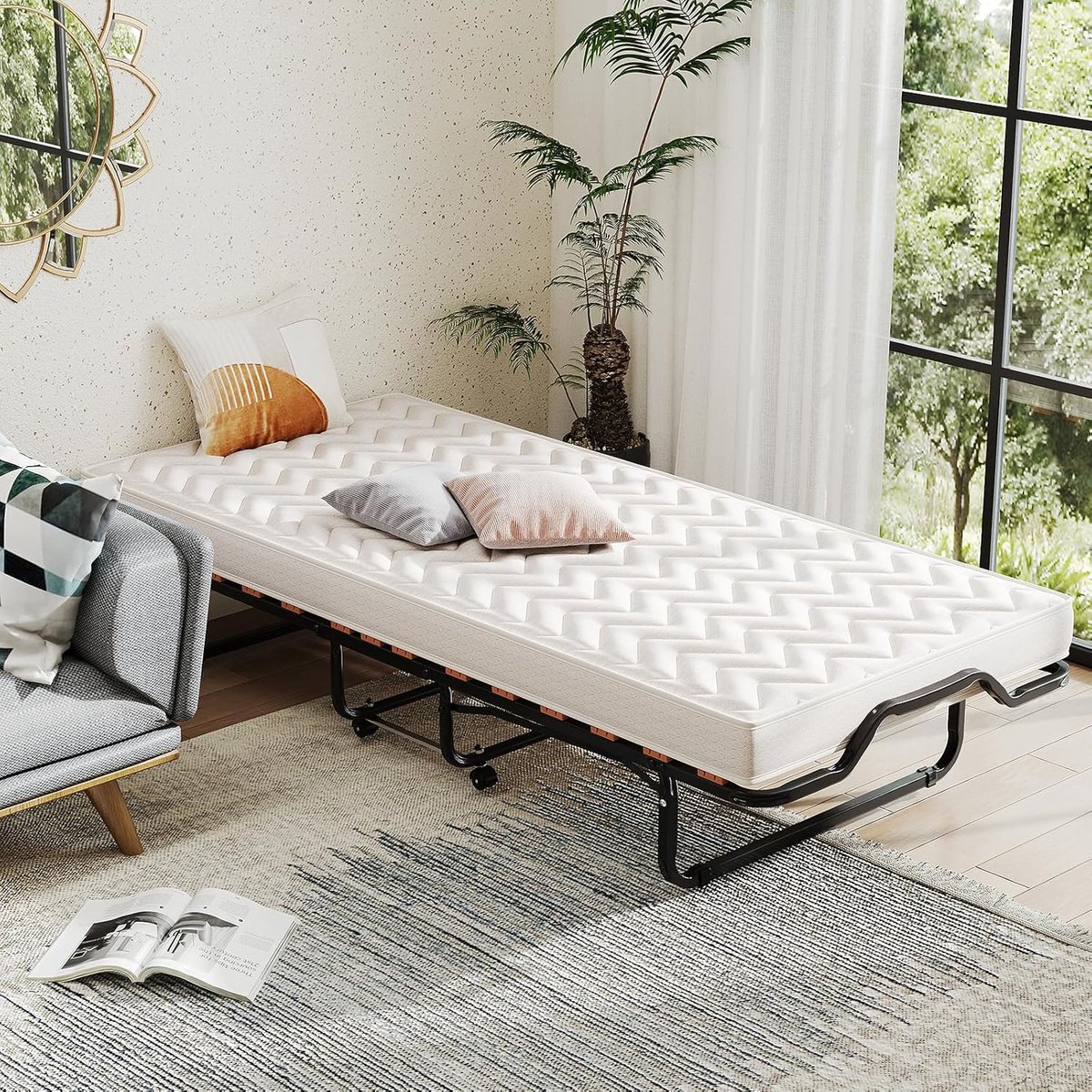 Opklapbed 90 x 200 cm met traagschuim matras - Inklapbaar logeerbed met wielen
