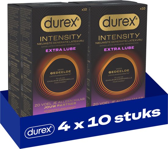 Twee pakken Durex Intensity condooms met "Extra Lube" en "Meer Gedeelde Lichaamswarmte" print.