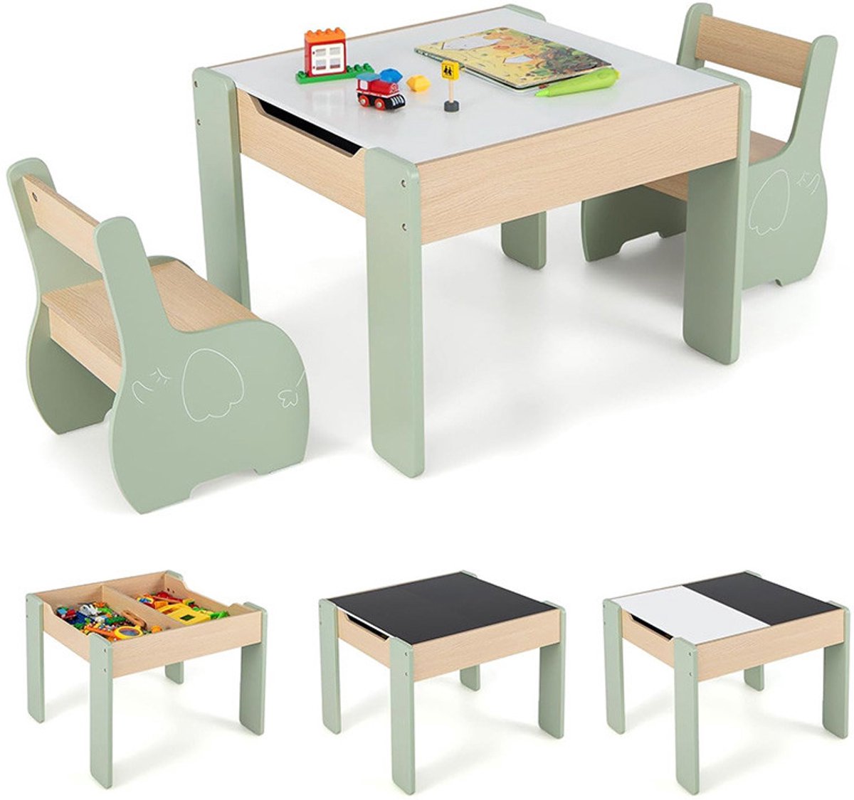 3-Delige Kinder Tafel en Stoelen Set – Activiteitentafel met Dubbelzijdig Schoolbord & Whiteboard – Opbergruimte – Groen