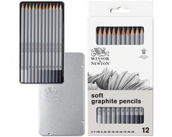 Winsor & Newton 0490007 Professionele Grafietpotloden Set x12 – Zachte Schetspotloden & Tekenpotloden H t/m 9B in Metalen Blik