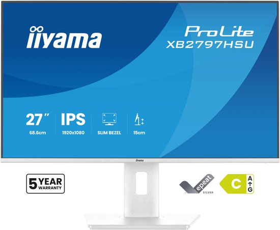 Witte iiyama ProLite XB2797HSU monitor, 27 inch, IPS, Full HD, slim bezel, in hoogte verstelbaar.