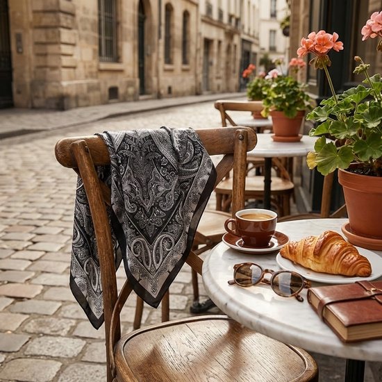 Zwart-witte paisley sjaal hangt over een houten stoel bij een cafétafel met koffie en een croissant.