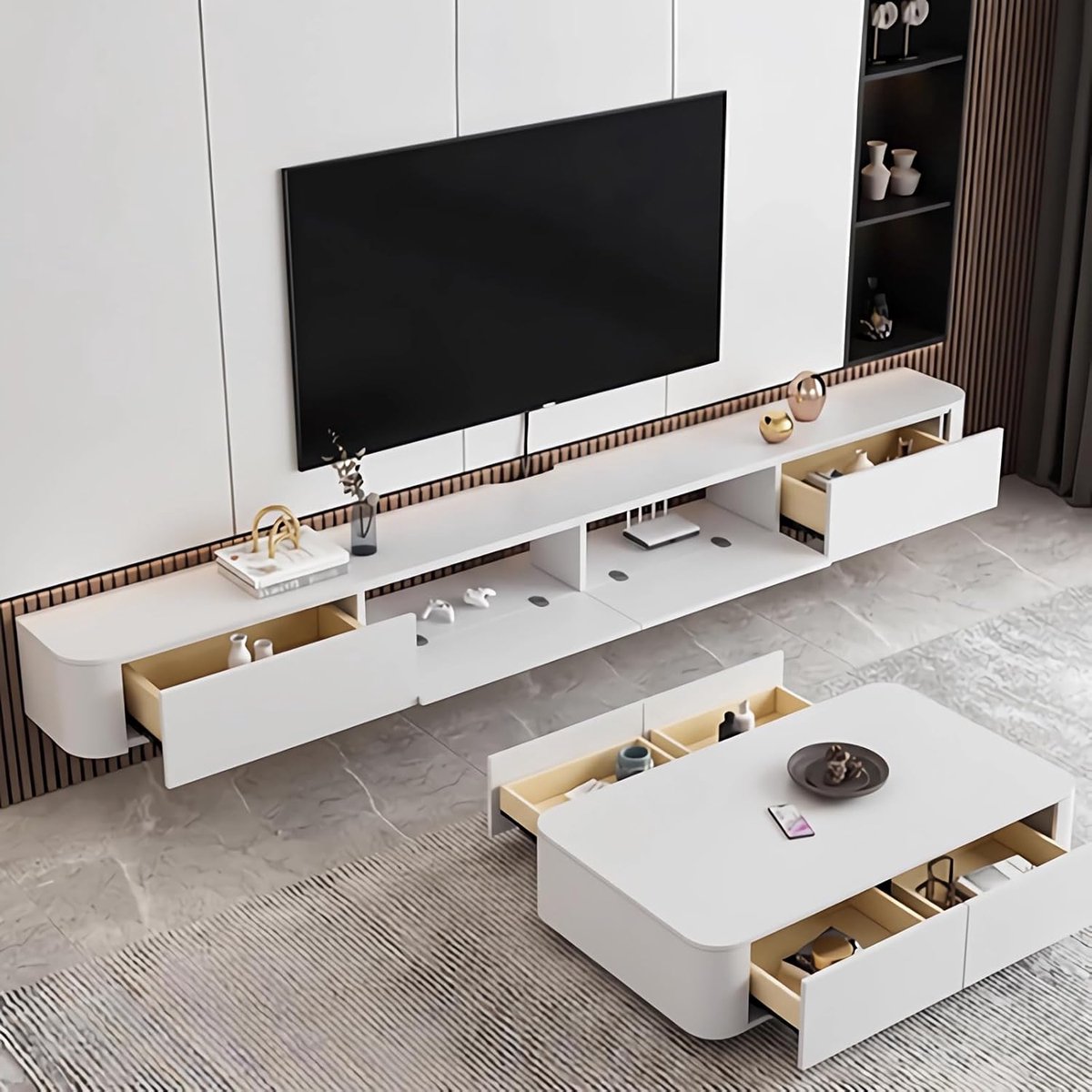 Hangende TV-kast 140 x 24 x 20 cm – Modern Wit Houten TV-Meubel met Lades en Open Vakken – Zwevend Lowboard met Opbergruimte en Kabeldoorvoer – TV-Wandkast voor Woonkamer & Slaapkamer – Pauwhome