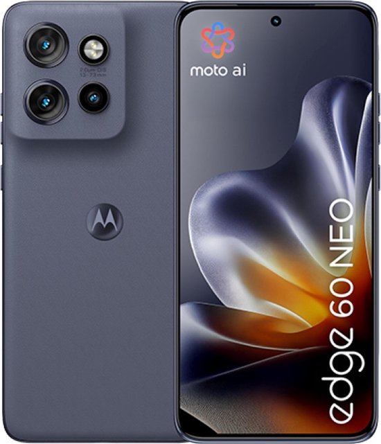Motorola Edge 60 Neo in grijs met vier camera's aan de achterzijde en 'moto ai' op het scherm.