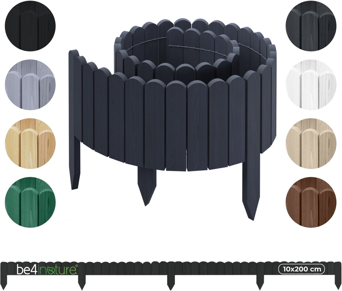 be4nature Flexibele houten border 10 x 200 cm Grijs Geïmpregneerde rolborder plantenrand tuinhek decor palissade graskant