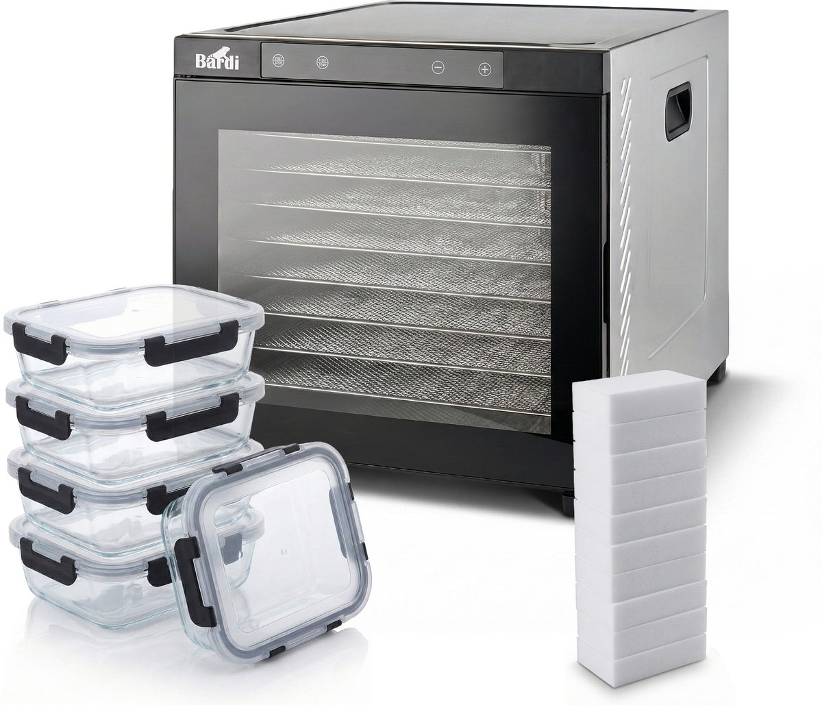 BARDI Professionele 10 Laags Voedseldroger - Dehydrator - Droogoven RVS - 24-Uurs Timer - Led-bedieningspaneel - 1000 Watt Met 5 delige glazen meal prep bakjes en 10 wondersponzen