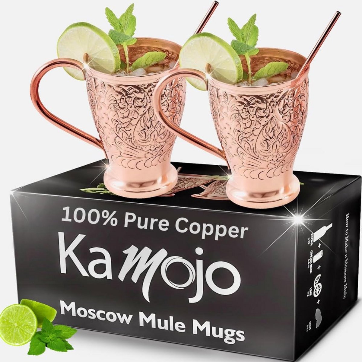 Pure Koperen Cocktail Mokken Set van 2 Inclusief Rietjes voor Moscow Mules