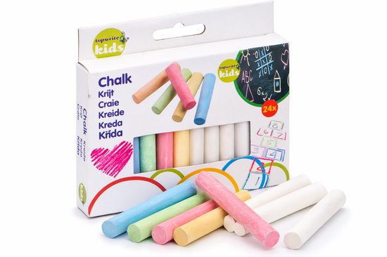 Doos met 24 krijtjes, pastelkleuren en wit, met illustraties van schoolborden en spelletjes, samen met losse krijtjes.