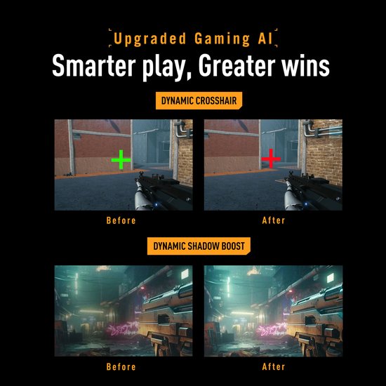 Schermweergave van de Dynamic Crosshair en Dynamic Shadow Boost functies in games, met voor en na vergelijkingen.